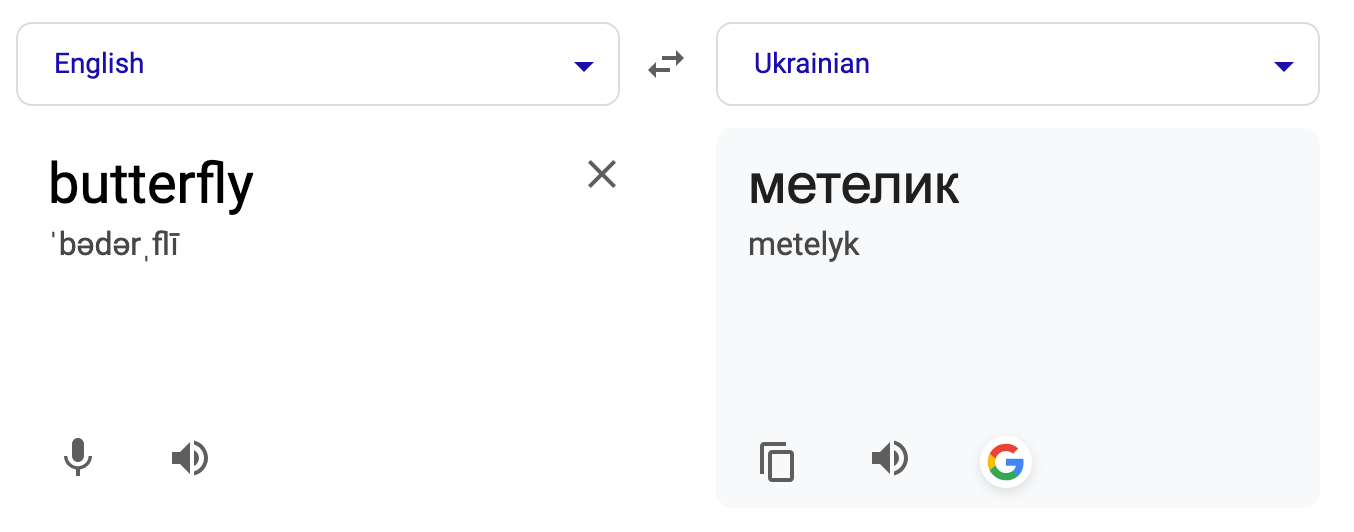 Google Translate showing 'butterfly' translated to 'metelyk' in Ukrainian